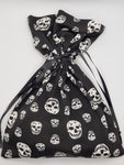 Black with White Skull Print Handmade Halloween Fabric Drawstring Gift Bag / Sack