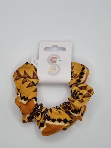 S1008 - Brown with Aztec Like Print Handmade Fabric Hair Scrunchies