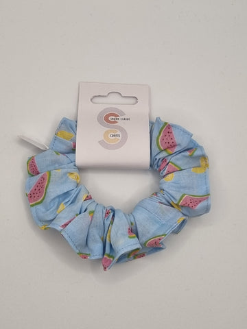 S1027 - Light Blue with Lemon & Watermelon Print Handmade Fabric Hair Scrunchies