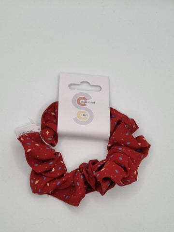 S1030 - Red with Small Blue & White Diamond Print Handmade Fabric Hair Scrunchies