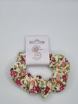 S1032 - Cream with Pink Flower Print Handmade Fabric Hair Scrunchies