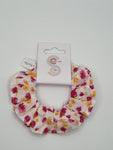 S1034 - White with Pink & Orange Flower Print Handmade Fabric Hair Scrunchies