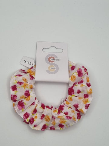 S1034 - White with Pink & Orange Flower Print Handmade Fabric Hair Scrunchies