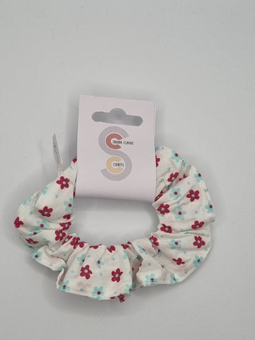 S1036 - White with Mint & Red Flower Print Handmade Fabric Hair Scrunchies