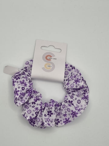 S1038 - White with Purple Flower Print Handmade Fabric Hair Scrunchies