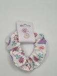 S1039 - White with Multicoloured Flower & Bird Print Handmade Fabric Hair Scrunchies