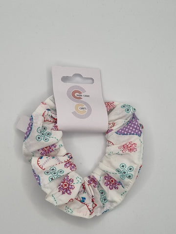 S1039 - White with Multicoloured Flower & Bird Print Handmade Fabric Hair Scrunchies