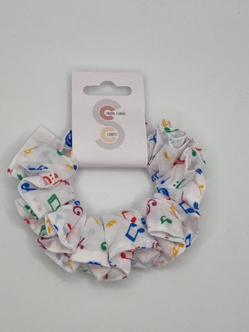 S1067 - White with Multicolour Music Note Print Handmade Fabric Hair Scrunchies