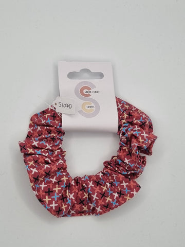 S1070 - Dark Pink with Multicoloured Cross Pattern Print Handmade Fabric Hair Scrunchies