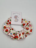 S1081 - White with Red & Pink Strawberry Print Handmade Fabric Hair Scrunchies