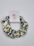 S1092 - Cream with Blue Flower Print Handmade Fabric Hair Scrunchies