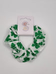 S1094 - St Patrick's Day White with Green Shamrock Print Handmade Fabric Hair Scrunchies