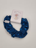 S1105 - Navy Blue with Turquoise Blue Flower Print Handmade Fabric Hair Scrunchies