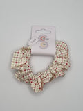 S1107 - Cream with Red & Green Plaid Print Handmade Fabric Hair Scrunchies