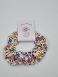 S1109 - Cream with Purple & Blue Flower Print Handmade Fabric Hair Scrunchies