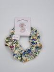 S1110 - Cream with Blue Flower Print Handmade Fabric Hair Scrunchies