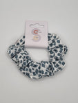 S1114 - White with Slate Blue Diamond Shape Print Handmade Fabric Hair Scrunchies