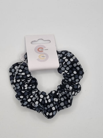 S1130 - Black with Grey & White Polka Dot Print Handmade Fabric Hair Scrunchies