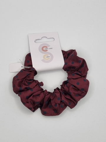 S1132 - Wine Colour with Dark Navy Polka Dot Print Handmade Fabric Hair Scrunchies