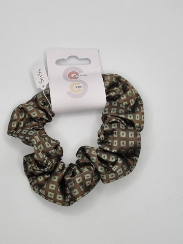 S1134 - Brown with Green & Brown Square Design Handmade Fabric Hair Scrunchies