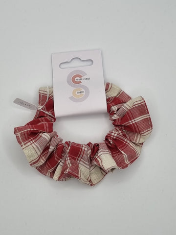 S1135 - Red & Cream Plaid Print Handmade Fabric Hair Scrunchies