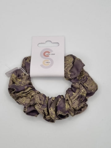 S1144 - Purple with Gold Colour Paisley Design Handmade Fabric Hair Scrunchies