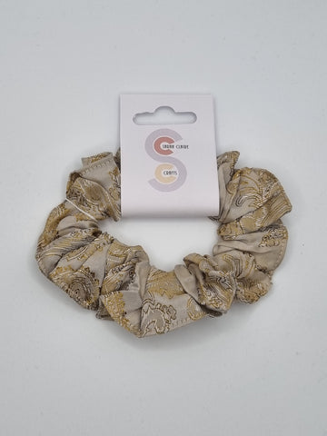 S1150 - Pale Grey with Gold Colour Paisley Design Handmade Fabric Hair Scrunchies