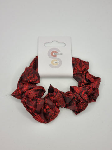 S1152 - Dark Red with Red Paisley Design Handmade Fabric Hair Scrunchies