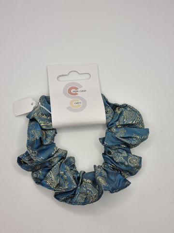 S1153 - Turquoise Blue with Cream Paisley Design Handmade Fabric Hair Scrunchies