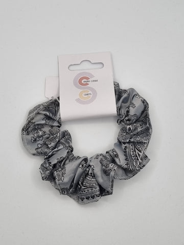 S1154 - Silver Grey with Black Paisley Design Handmade Fabric Hair Scrunchies