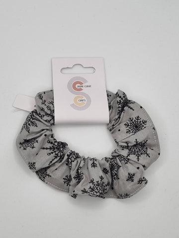 S1155 - Light Grey with Black Snowflake Print Christmas Handmade Fabric Hair Scrunchies