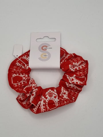 S1156 - Red with Christmas Cottage Print Handmade Fabric Hair Scrunchies