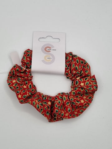 S1157 - Red with Christmas Holly Print Handmade Fabric Hair Scrunchies