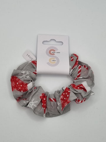 S1161 - Light Grey with Xmas Stocking, Candy Cane & Snowflake Print - Christmas Handmade Fabric Hair Scrunchies