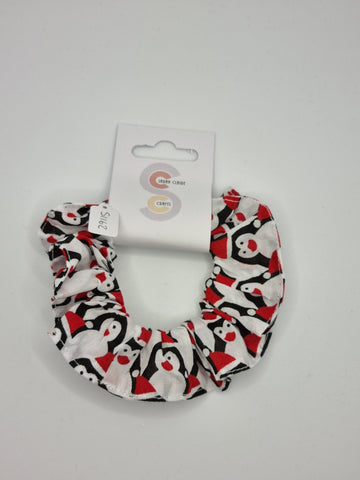 S1162 - White with Christmas Penguin Print - Christmas Handmade Fabric Hair Scrunchies
