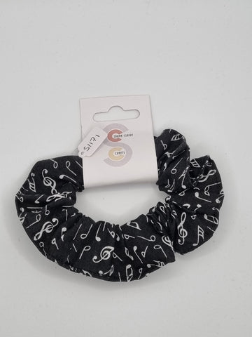 S1171 - Black & White Music Note Print Handmade Fabric Hair Scrunchies