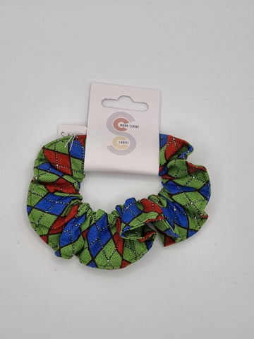 S1173 - Green, Blue & Red Argyle Print Handmade Fabric Hair Scrunchies