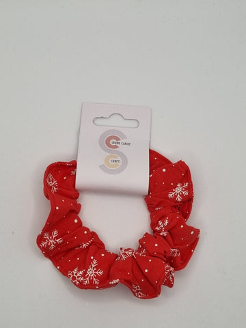 S1178 - Christmas Red with Snowflake Print Handmade Fabric Hair Scrunchies