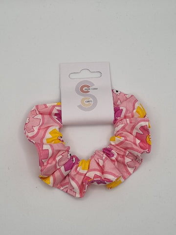 S1184 - Light Pink with Pink & Yellow Geometric Flower Print Handmade Fabric Hair Scrunchies