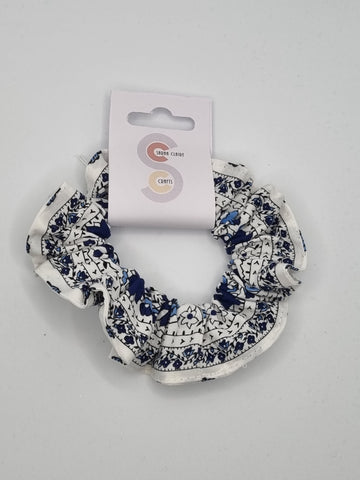 S1199 - White with Blue Flower Stripe Print Handmade Fabric Hair Scrunchies