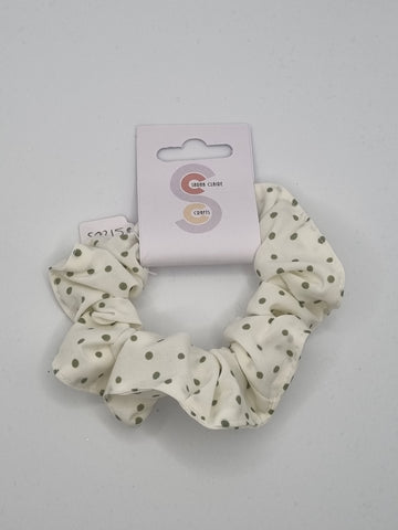 S1205 - Cream with Green Polka Dot Print Handmade Fabric Hair Scrunchies