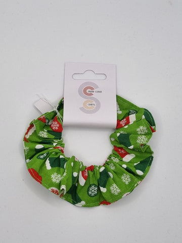 S1212 - Dark Lime Green with Santa Hats & Christmas Stocking Print Handmade Fabric Hair Scrunchies