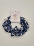 S1217 - Navy Blue & White Flower Print Handmade Fabric Hair Scrunchies