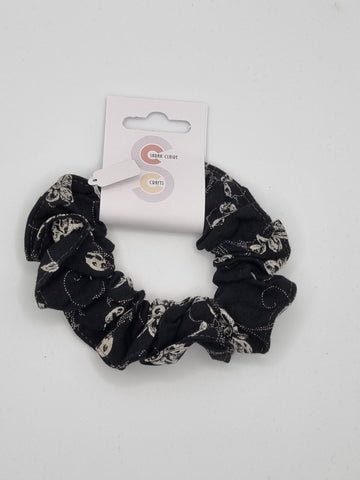 S1218 - Black with Taupe Flower Print Handmade Fabric Hair Scrunchies