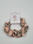 S1221 - Pale Peach Pink with Grey Flower Print Handmade Fabric Hair Scrunchies