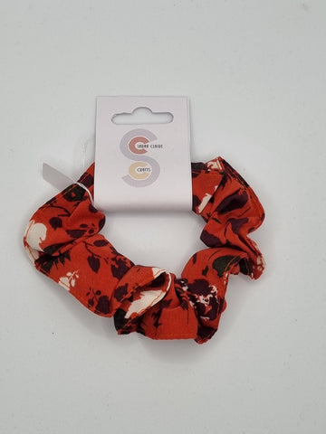 S1222 - Burnt Orange with Abstract Flower Print Handmade Fabric Hair Scrunchies