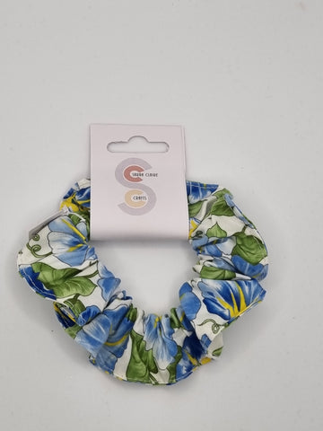 S1223 - Blue Flower Print Handmade Fabric Hair Scrunchies