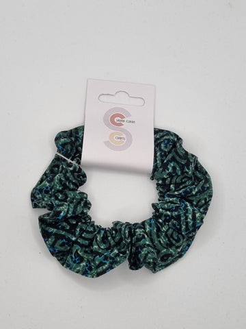 S1226 - Dark Green & Black Swirl Print Handmade Fabric Hair Scrunchies