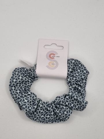 S1228 - Light Grey with Slate Blue Colour Geometric Print Handmade Fabric Hair Scrunchies