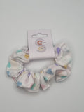 S1229 - White with Multicoloured Heart Print Handmade Fabric Hair Scrunchies